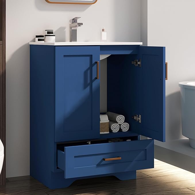 24 inch Bathroom Vanity with Sink, Modern Blue Vanity for Bathroom with Undermount Ceramic Sink, Freestanding 2-Door & 1-Drawer Storage Cabinet, for Small Bathroom Space, (Blue, 24")