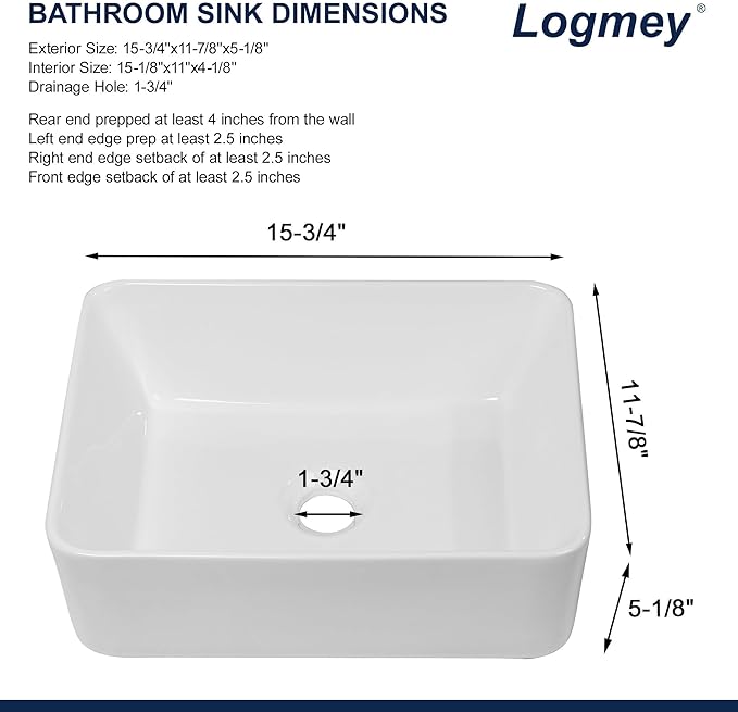 Logmey 16 Inch Drop in Bathroom Vessel Sink 16"x12" Rectangular White Porcelain Ceramic Sink Modern Above Counter Countertop Bathroom Vanity Sinks Art Basin