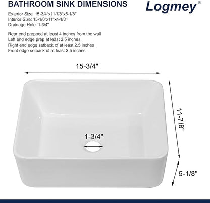 Logmey 16 Inch Drop in Bathroom Vessel Sink 16"x12" Rectangular White Porcelain Ceramic Sink Modern Above Counter Countertop Bathroom Vanity Sinks Art Basin