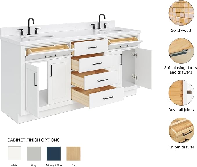 ARIEL Hepburn 72-inch Bathroom Vanity with Sink,Solid Wood, 1.5-inch Carrara White Quartz Countertop & Backsplash, Double Oval Porcelain Sink, 4 Soft Closing Doors, 6 Dovetail Drawers, White