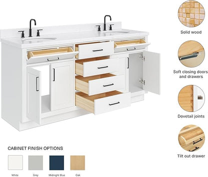 ARIEL Hepburn 72-inch Bathroom Vanity with Sink,Solid Wood, 1.5-inch Carrara White Quartz Countertop & Backsplash, Double Oval Porcelain Sink, 4 Soft Closing Doors, 6 Dovetail Drawers, White