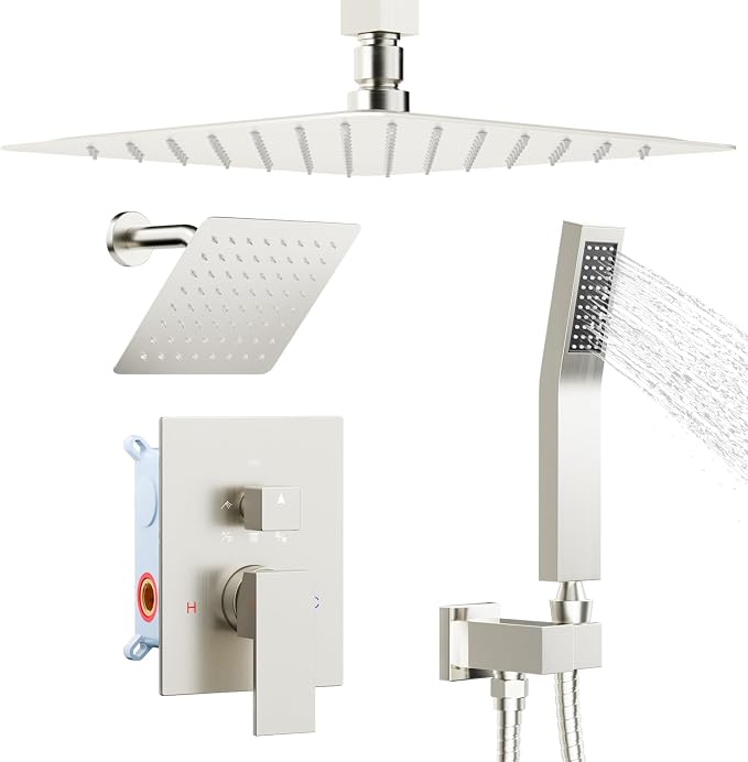 Shower System Shower Faucet Set, STARBATH 12"+6" Ceiling Mount Rain Shower Head and Handheld Spray for Two Person, Rainfall Shower System with Diverter Valve and Trim Kit Complete,Brushed Nickel