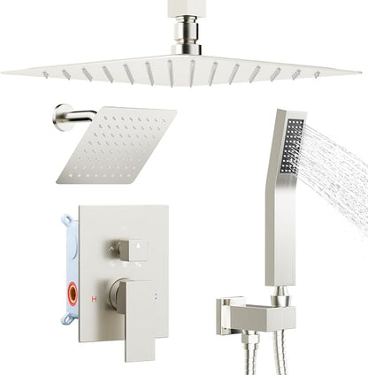 Shower System Shower Faucet Set, STARBATH 12"+6" Ceiling Mount Rain Shower Head and Handheld Spray for Two Person, Rainfall Shower System with Diverter Valve and Trim Kit Complete,Brushed Nickel