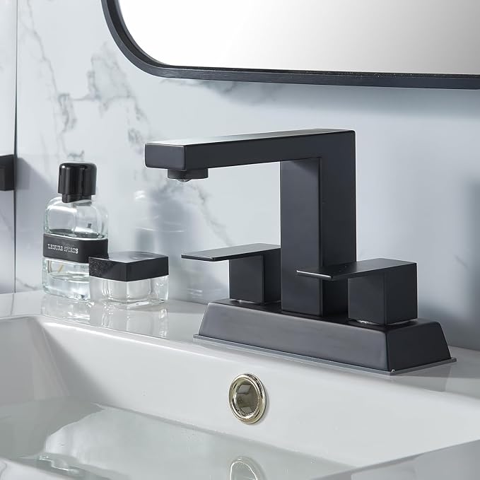 Black 2 Handle Centerset Bathroom Faucet,Matte Black 4 Inch Bathroom Sink Faucet Modern Vanity Faucets for Sink 3 Hole Lavatory Bath Faucet with Lead-Free Supply Hose and Pop up Drain