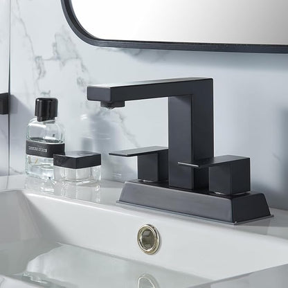Black 2 Handle Centerset Bathroom Faucet,Matte Black 4 Inch Bathroom Sink Faucet Modern Vanity Faucets for Sink 3 Hole Lavatory Bath Faucet with Lead-Free Supply Hose and Pop up Drain