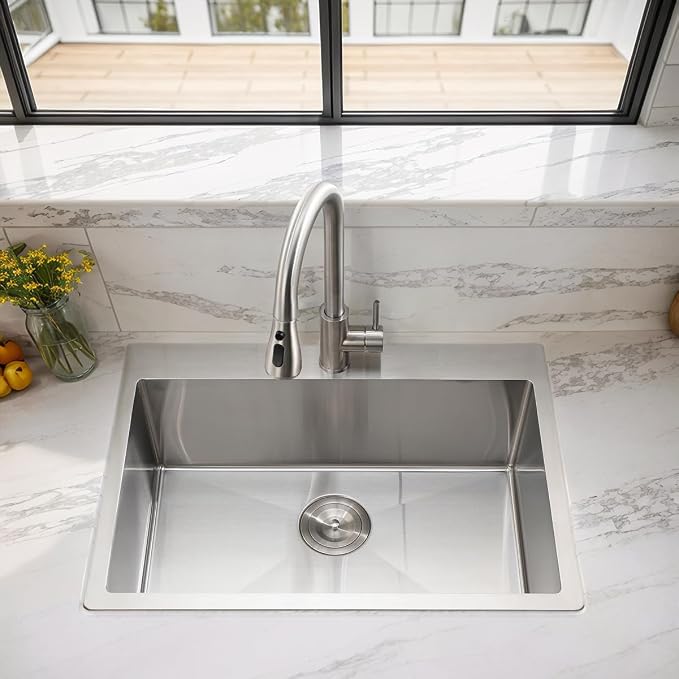 VCCUCINE 25x22 Inch Drop in Kitchen Sink 16 Gauge Top Mount Handmade T304 Brushed Nickel Kitchen Sink,Stainless Steel Single Bowl Workstation Topmount Overmount Sink with Strainer
