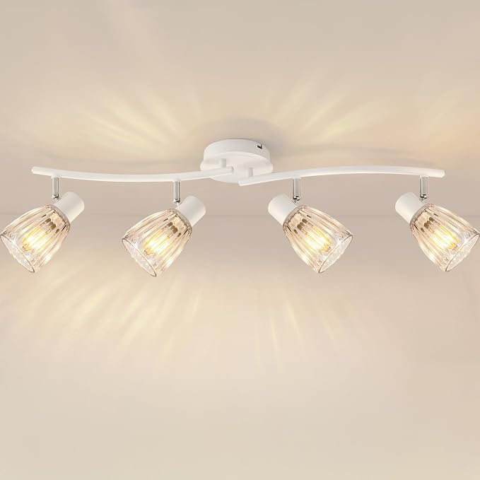 HiBay 4-Light Track Lighting White, Adjustable Modern Ceiling Light Fixture | with Glass Shades, Flush Mount Ceiling Wall Spotlight Indoor for Bathroom, Kitchen, Living Room, E12 Base, No Bulbs