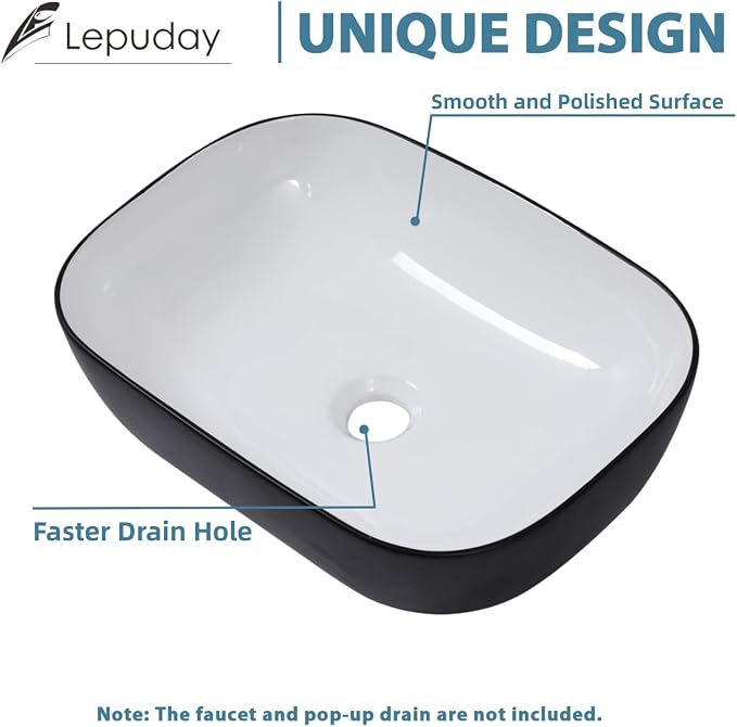 Rectangle Bathroom Vessel Sink 17"x13" Above Counter Vessel Sink | Rectangular Bathroom Above Counter Vessel Sink Black and White Ceramic Porcelain Vanity Sink Art Basin
