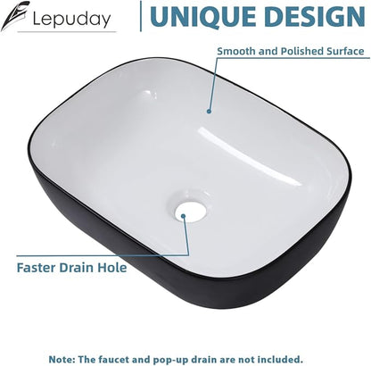 Rectangle Bathroom Vessel Sink 17"x13" Above Counter Vessel Sink | Rectangular Bathroom Above Counter Vessel Sink Black and White Ceramic Porcelain Vanity Sink Art Basin