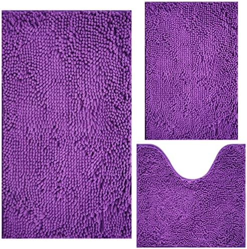 Bathroom Rugs Chenille 3-Piece Extra Soft and Absorbent Shag Bathroom Rugs, Machine Wash Mat, Strong PVC Non-Slip Underside, Plush Carpet Mats (Violet)