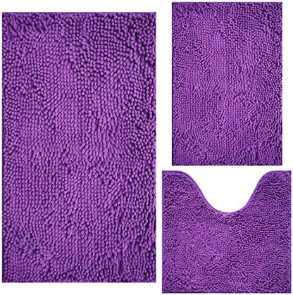 Bathroom Rugs Chenille 3-Piece Extra Soft and Absorbent Shag Bathroom Rugs, Machine Wash Mat, Strong PVC Non-Slip Underside, Plush Carpet Mats (Violet)