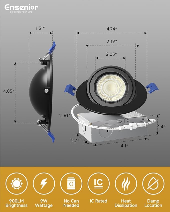 Ensenior 4 Pack 4 inch 5CCT LED Gimbal Led Recessed Light with Junction Box, 360°+90° Adjustable Directional Lighting, Dimmable, CRI90+, 2700K/3000K/3500K/4000K/5000K, 900LM, 10W=85W-ETL&FCC, Black