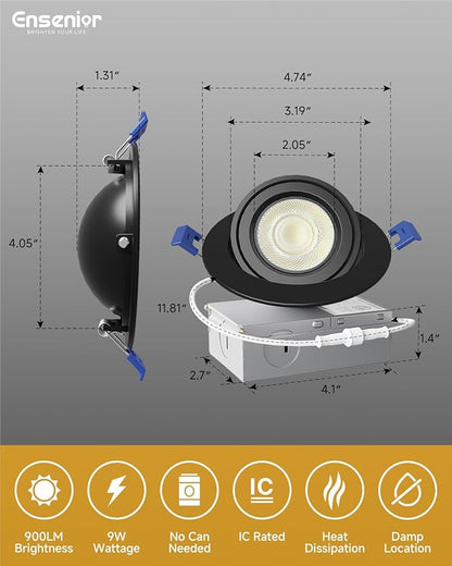 Ensenior 12 Pack 4 inch 5CCT LED Gimbal Led Recessed Light with Junction Box, 360°+90° Adjustable Directional Lighting, Dimmable, CRI90+, 2700K/3000K/3500K/4000K/5000K, 900LM, 10W=85W-ETL&FCC, Black