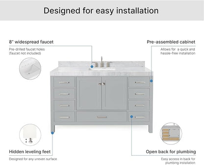 ARIEL Cambridge 60-inch Bathroom Vanity with Sink,Solid Wood, 2-inch Italian Carrara Marble Countertop, Single Rectangular Porcelain Sink, 2 Soft Closing Doors, 9 Dovetail Drawers, Grey