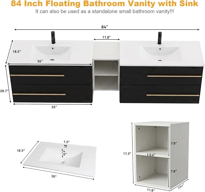 84 Inch Floating Double Sink Bathroom Vanity, Modern Bathroom Vanity with Sink & Large Storage Drawers, Wall Mounted Bathroom Sink Cabinet, Black&White