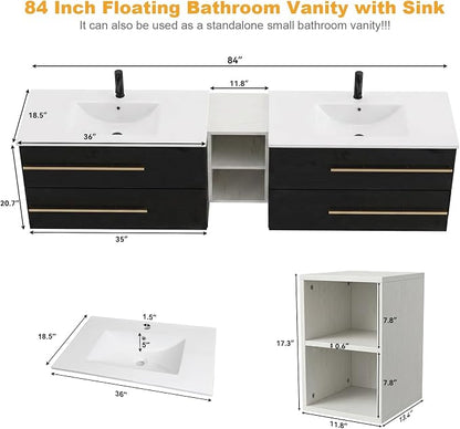 84 Inch Floating Double Sink Bathroom Vanity, Modern Bathroom Vanity with Sink & Large Storage Drawers, Wall Mounted Bathroom Sink Cabinet, Black&White