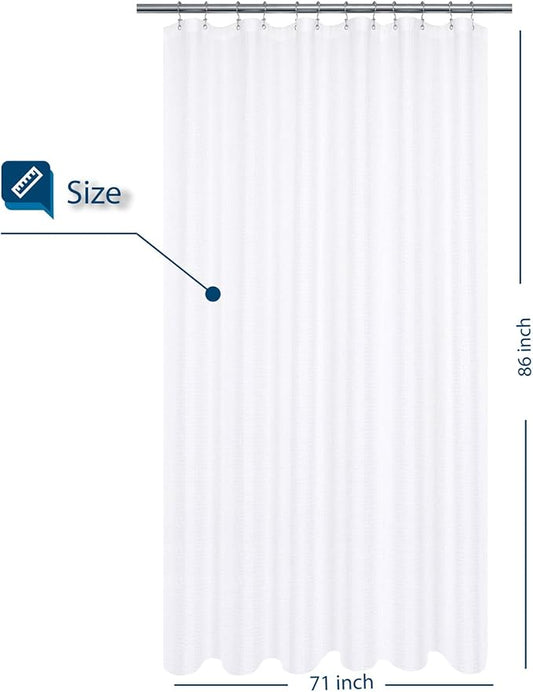 Extra Long Shower Curtain with 86 inch Height, Fabric, Waffle Weave, Hotel Luxury Spa, Water Repellent, Machine Washable, 230 GSM Heavyweight, White Pique Pattern Decorative Bathroom Curtain