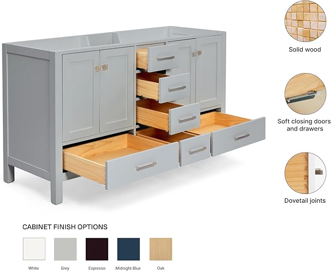 ARIEL Cambridge 60-inch Bathroom Vanity Base Cabinet,Solid Wood, 4 Soft Closing Doors, 6 Dovetail Drawers, Grey