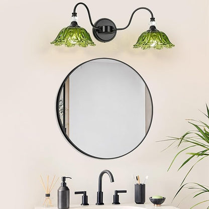 Black Bathroom Vanity Light, 2-Light Vanity Light with Floral Green Glass Shades,Vintage Farmhouse Wall Mount Lighting for Bathroom, Dressing Table