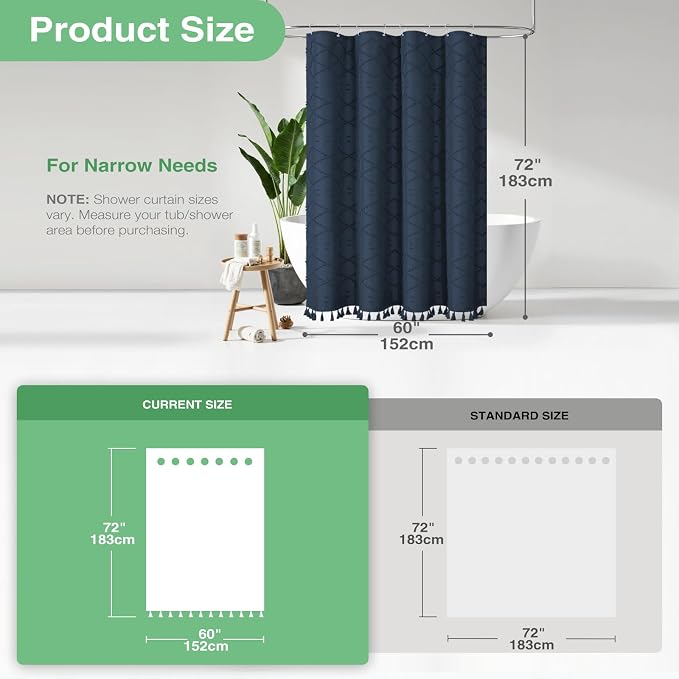 Stall Boho Shower Curtain Tufted Geometric 60"x72" Navy Blue | 60 Inch Wide, Elegant Tassel, Lightweight Textured Fabric, Water Repellent, Washable, for Narrow Bathroom/Dorm 10 Hooks