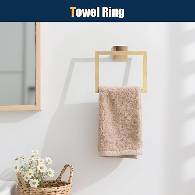 10 Pcs Gold Bathroom Hardware Accessories Set 23.6 Inch Wall Mounted | Bath Towel Bar Kit with Square Towel Racks Ring and Towel Hooks, Paper Holder, 304 Stainless Steel