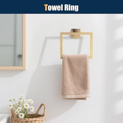 10 Pcs Gold Bathroom Hardware Accessories Set 23.6 Inch Wall Mounted | Bath Towel Bar Kit with Square Towel Racks Ring and Towel Hooks, Paper Holder, 304 Stainless Steel