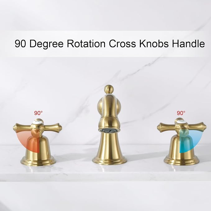 RKF Bathroom Faucets for Sink 3 Hole Gold 8 inch Widespread Bathroom Sink Faucet with Drain 2 Handles Cross Knobs Faucet Bathroom Vanity Faucet Basin Mixer Tap CWF033-BG