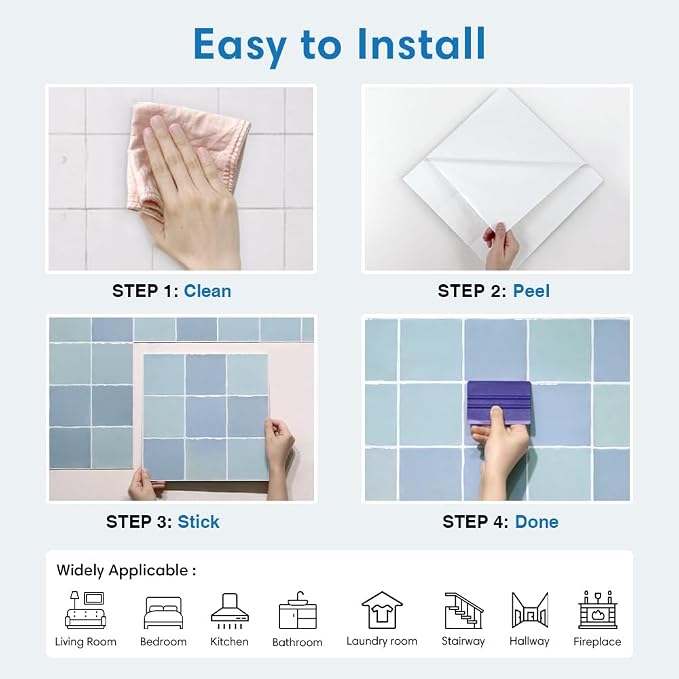 Thicker 3D Peel and Stick Backsplash Tiles, 10 Pcs 12" x 12" | Vintage Blue, Glossy Self Adhesive Backsplash Wall Sticker for Renter Friendly Bathroom DIY Wall Makeover, Cover 10 sq ft