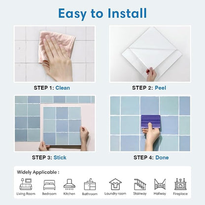 Thicker 3D Peel and Stick Backsplash Tiles, 10 Pcs 12" x 12" | Vintage Blue, Glossy Self Adhesive Backsplash Wall Sticker for Renter Friendly Bathroom DIY Wall Makeover, Cover 10 sq ft