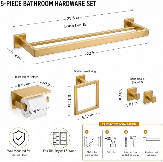 Luxury 5-Piece Bathroom Hardware Set with 23.6" Double Towel Bar and Toilet Paper Holder Shelf, Wall Mounted Bathroom Accessories, Modern Square Design SUS304 Stainless Steel Solid Metal, Brushed Gold