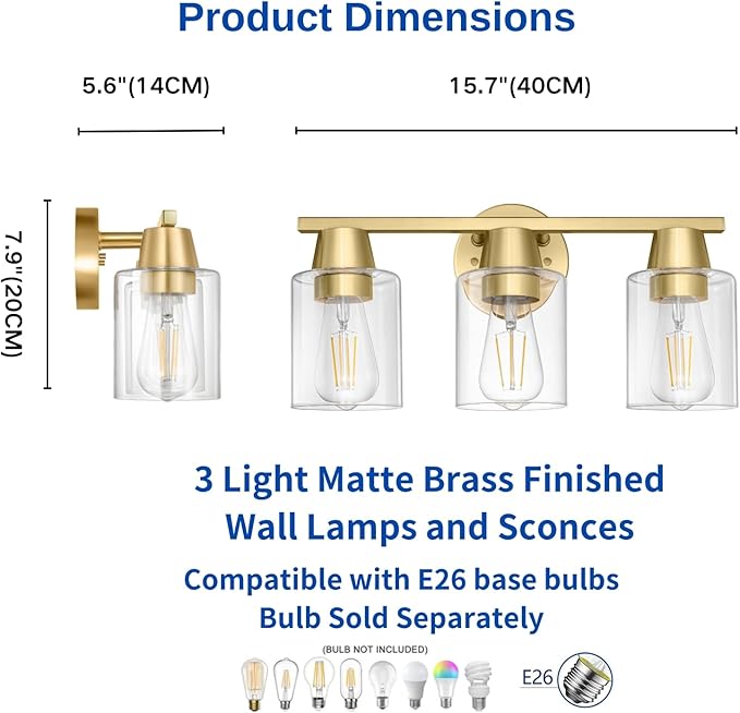 Modern Wall Sconces Lighting with Brass Finished Clear Glass Shade, Matte Gold 3 Vanity Light Over Mirror, Industrial Bathroom Light Fixtures for Living Room Hallway Kitchen Porch E26 Base