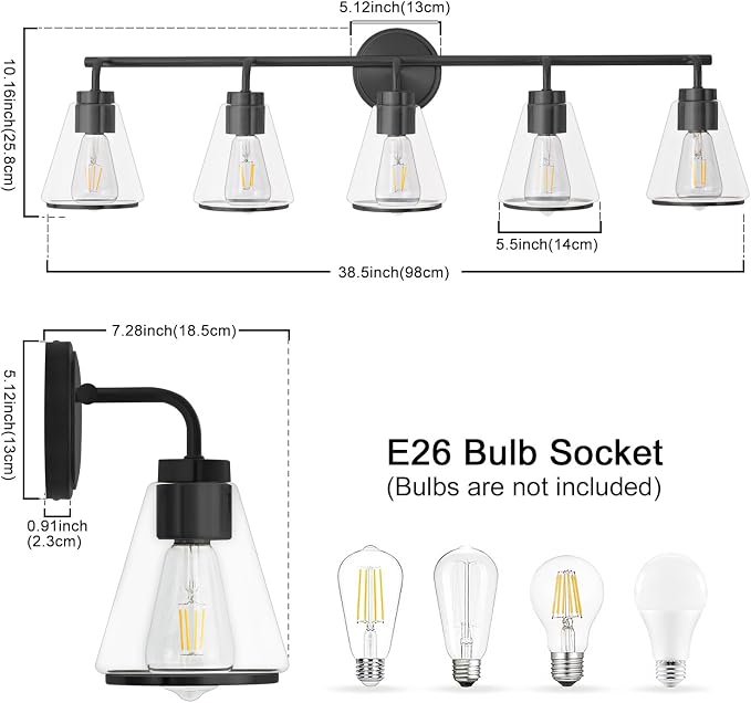 38.5" Black Bathroom Vanity Light, 5 Light Modern Vanity Lighting Fixture | Vanity Lights with Clear Glass Shade, Bathroom Wall Light Over Mirror, Wall Sconces for Bathroom Bedroom