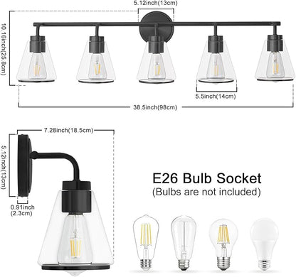 38.5" Black Bathroom Vanity Light, 5 Light Modern Vanity Lighting Fixture | Vanity Lights with Clear Glass Shade, Bathroom Wall Light Over Mirror, Wall Sconces for Bathroom Bedroom