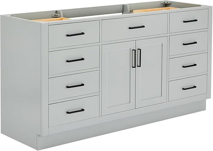 ARIEL Hepburn 66-inch Bathroom Vanity Base Cabinet,Solid Wood, 2 Soft Closing Doors, 9 Dovetail Drawers, Grey