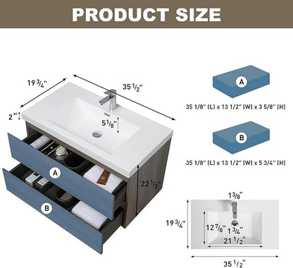 Floating Vanity Bathroom, 36 Inch Bathroom Vanity with Sink, Wall Mounted Single Sink Bathroom Vanity, Soft Closed 2 Drawers, Integrated Sink (Ash Grey)