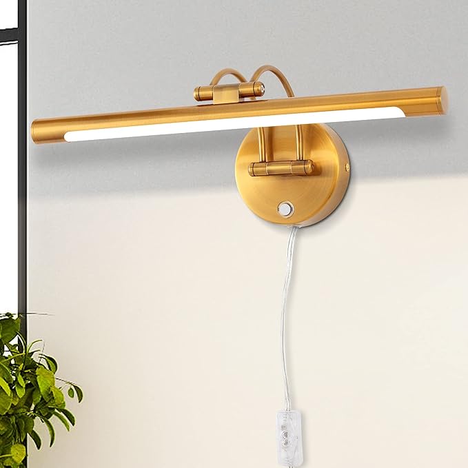MantoLite LED Dimmable Bathroom Vanity Light Fixture 16inch Cabinet Picture Wall Lights, Indoor Lightings Wall Sconce with Ajustable Arm Bedside Reading Lamp, Pulg in Display Lamps (Brass, 3000K 8W)