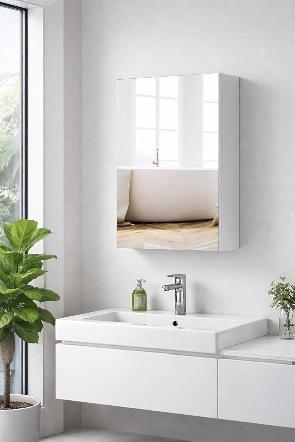 Panana Bathroom Cabinet Medicine Cabinets with Single Mirrored Door Wall Mounted Cabinet with Mirror, Storage Shelf with Adjustable Shelves Storage Organizer Kitchen Cupboard (White, 15.7x23.6 inch)