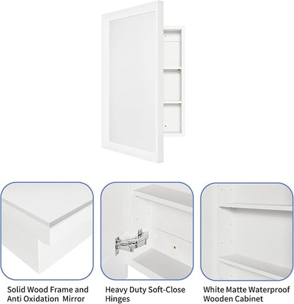 Retro-Style Medicine Cabinet with 17’’x27’’ Solid Wood Mirror Frame, Bathroom Recessed Wall Cabinet, Living Room Wood Storage Cabinet, White
