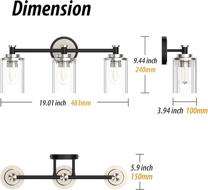 Bathroom Lighting Fixtures Black and Brushed Nickel Bathroom Vanity Light with Cylindrical Clear Stripes Glass Lampshade E26 Socket Base Bathroom Lighting Fixtures Over Mirror (3 Lights)