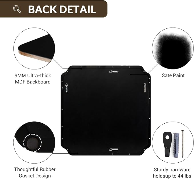 24x24 Inch Square Mirror, Matte Black Vanity Mirror, Modern Scalloped Bathroom Mirror in Premium Stainless Steel Thin Frame, Unique Rounded Notched Corners