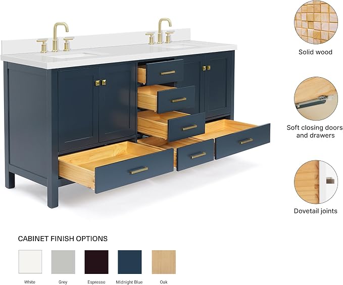 ARIEL Cambridge 72-inch Bathroom Vanity with Sink,Solid Wood, 1.5-inch Pure White Quartz Countertop, Double Rectangular Porcelain Sink, 4 Soft Closing Doors, 6 Dovetail Drawers, Midnight Blue