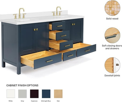 ARIEL Cambridge 72-inch Bathroom Vanity with Sink,Solid Wood, 1.5-inch Pure White Quartz Countertop, Double Rectangular Porcelain Sink, 4 Soft Closing Doors, 6 Dovetail Drawers, Midnight Blue
