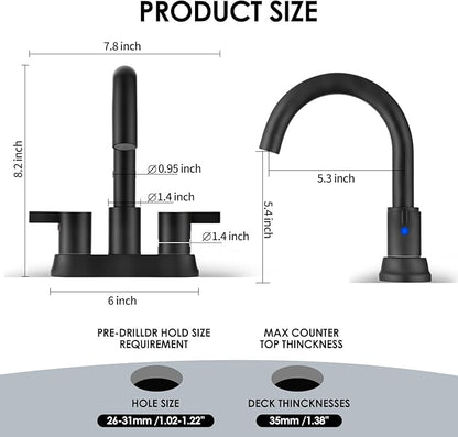 Two Handle 4 inch Black Bathroom Faucet, Bathroom Sink Faucet for 3 Holes with Pop-up Drain and 2 Supply Hoses, Lead-Free