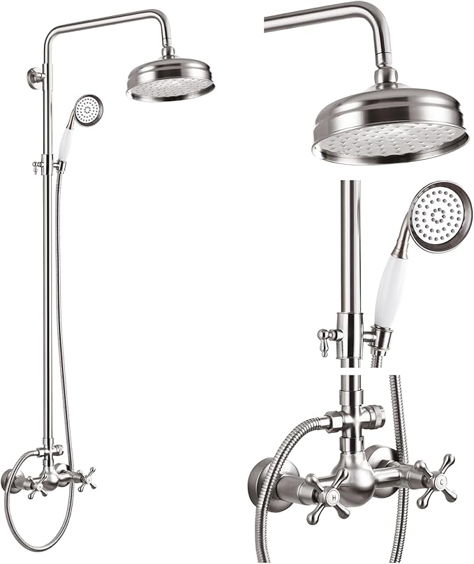 gotonovo Luxury Exposed Shower Faucet Set Bathroom Shower System 8 Inch Wall Mount Rainfall Shower Head with Handheld Spray Cross Double Handle Shower Fixture Adjustable Straight Rod Brushed Nickel