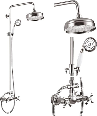 gotonovo Luxury Exposed Shower Faucet Set Bathroom Shower System 8 Inch Wall Mount Rainfall Shower Head with Handheld Spray Cross Double Handle Shower Fixture Adjustable Straight Rod Brushed Nickel