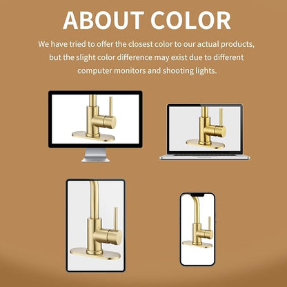Gold Bathroom Sink Faucet with Pull Down Sprayer | 2 Mode Sprayer, with Deck Plate for 1 or 3 Hole, 360° Swivel, with Pop Up Drain for Vanity Bar RV Basin Laundry Kitchen