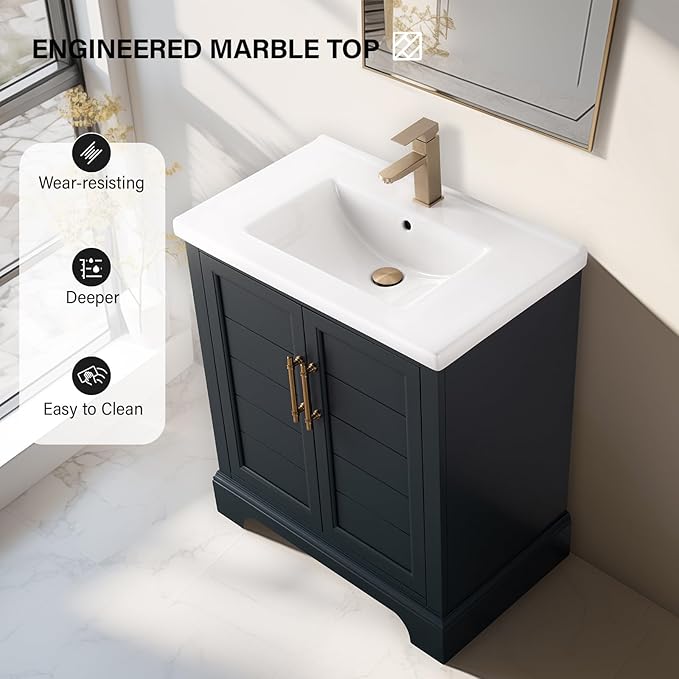HOMEBEYOND 30 Inch Bathroom Vanity with Single Sink & Ceramic Top, Vanity Cabinet with Center Countertop Basin, Soft-Closing Doors, Vintage Spruce Blue