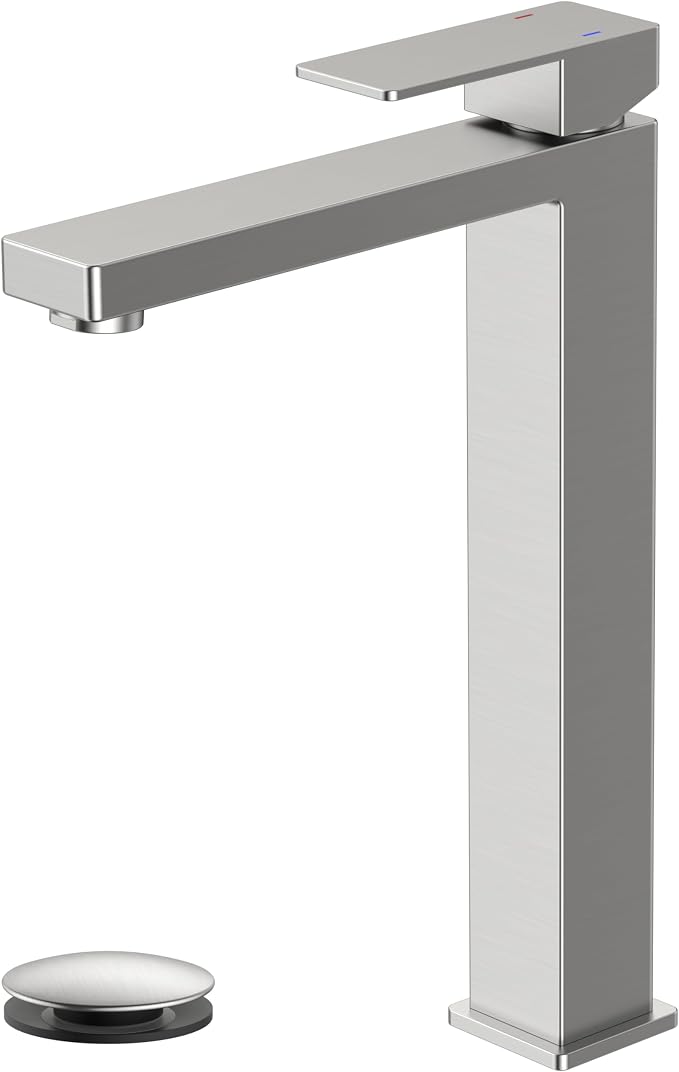 FORIOUS Vessel Sink Faucet Single Hole, Brushed Nickel Tall Bathroom Faucet | Modern Tall Single Handle Space Saving Design, with Pop up Drain for Basin Bowl Vanity Lavatory Residential/Commercial Use