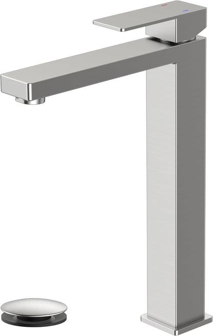 FORIOUS Vessel Sink Faucet Single Hole, Brushed Nickel Tall Bathroom Faucet | Modern Tall Single Handle Space Saving Design, with Pop up Drain for Basin Bowl Vanity Lavatory Residential/Commercial Use