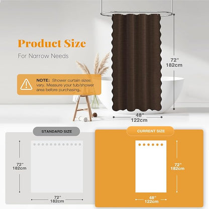 BTTN 48x72 Boho Scalloped Linen Textured Cloth Shower Curtain Set, Brown | Stall Size, 230GSM Waterproof Polyester, Heavy Duty Fabric, 8 Plastic Hooks, Elegant Modern Farmhouse Style, Machine Washable